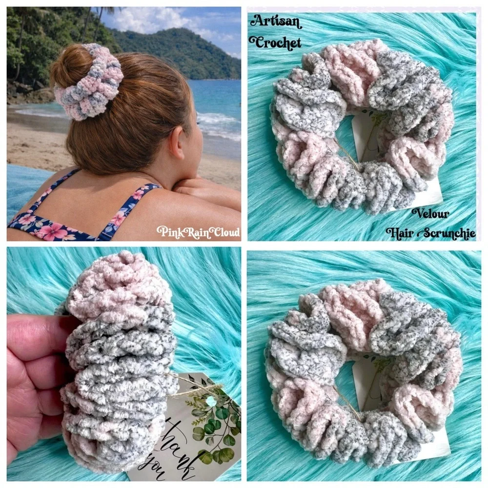 Handmade Crochet VELVET Dusty Rose Stretchy Hair Scrunchie PinkRainCloud
